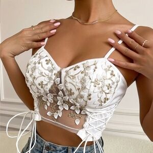 Floral Embroidered Mesh Corset Top White & Gold Lace-Up Bustier Large